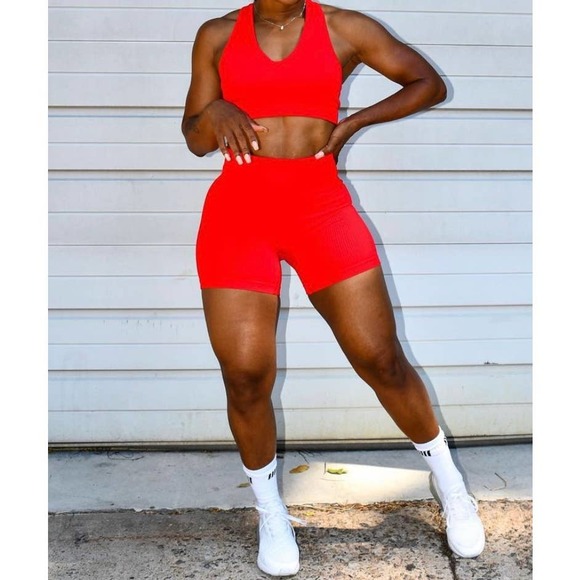 Therapy By Qui Red "Tooty Frootie" Work Out Active Set Sport Bra + Short Size M - Picture 1 of 5